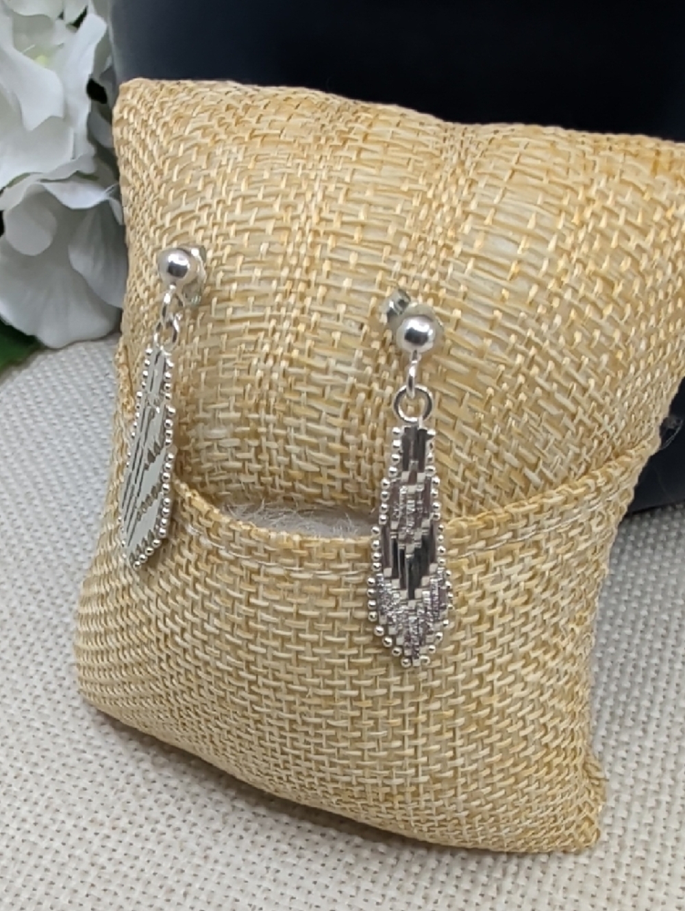 Vintage 925 Italy Sterling Silver Woven Mesh Geometric Drop Earrings Ball Stud - Picture 8 of 17